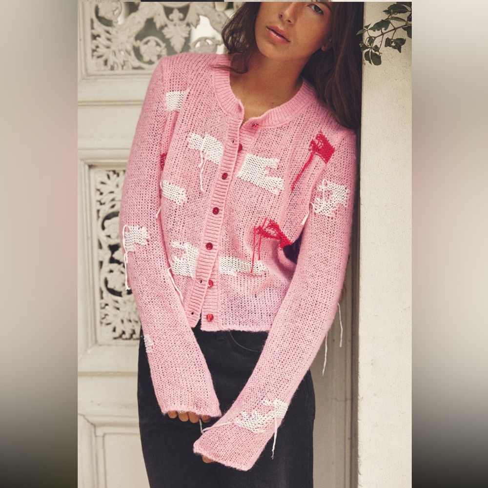 ZARA NEW WOMAN SS23 PINK JACQUARD KNIT CARDIGAN 1957/104